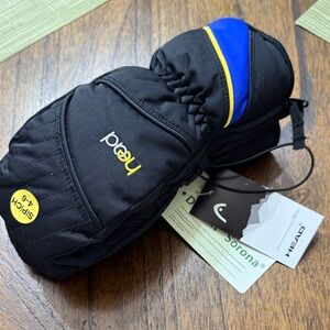 Head Black Mittens with Blue and Yellow Accents